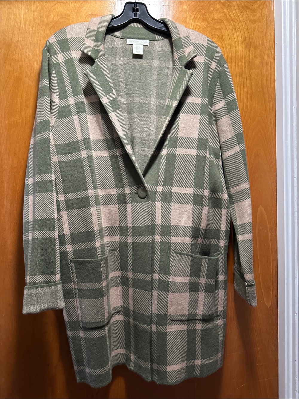 Christian Siriano Sage and Cream Plaid Single-Button Coatigan